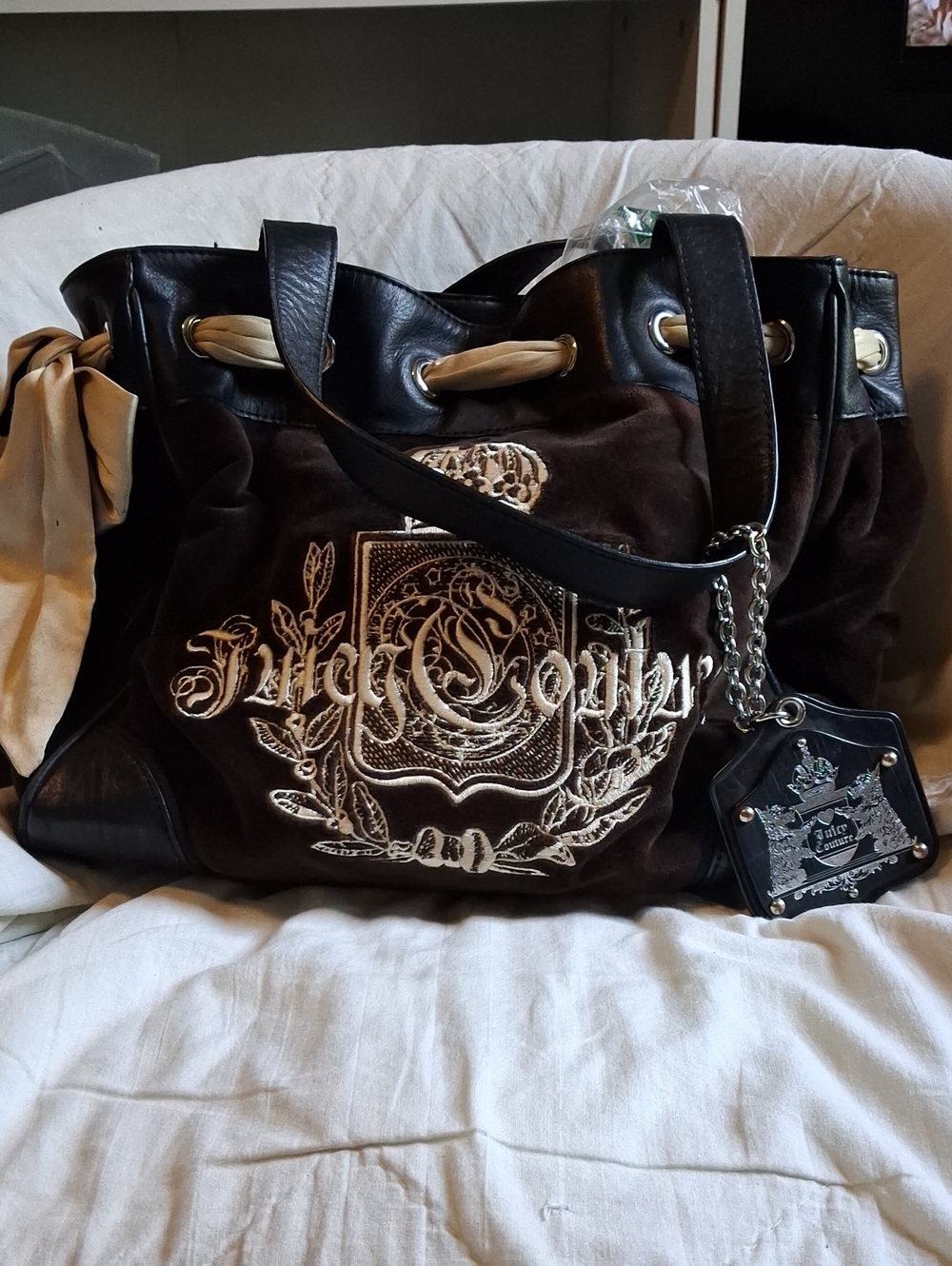 Vibtage Juicy Couture Brown Velvet Tote with Black Leather Trim